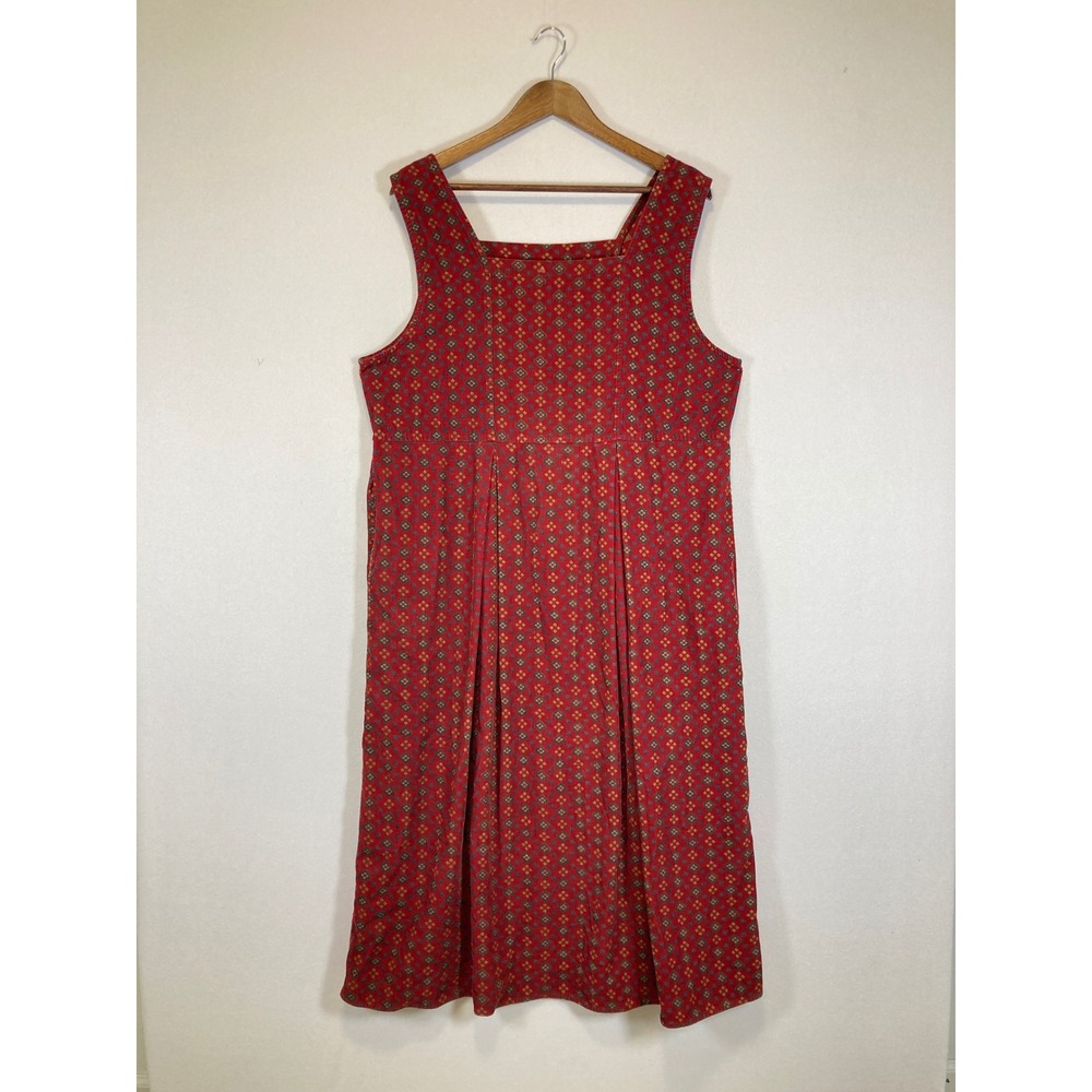 Cottagecore Capacity Women XL Red Corduroy Geometric Print Tie Back Jumper Dress